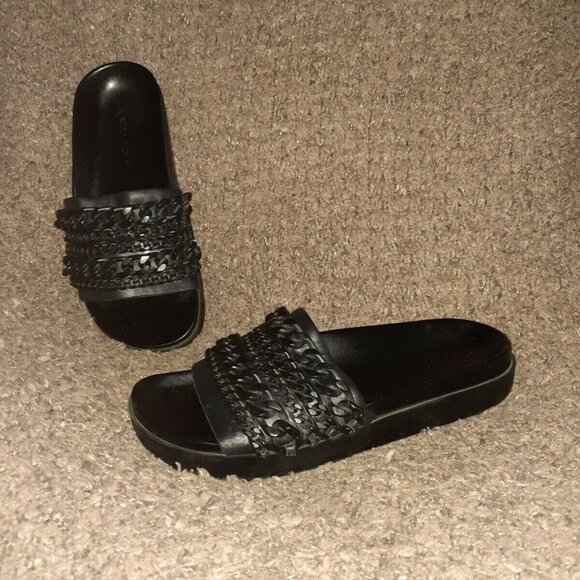 KENDALL & KYLIE-Shiloh-Chain Link Platform Slide Black Leather-SZ 6M-Excellent - Picture 1 of 6